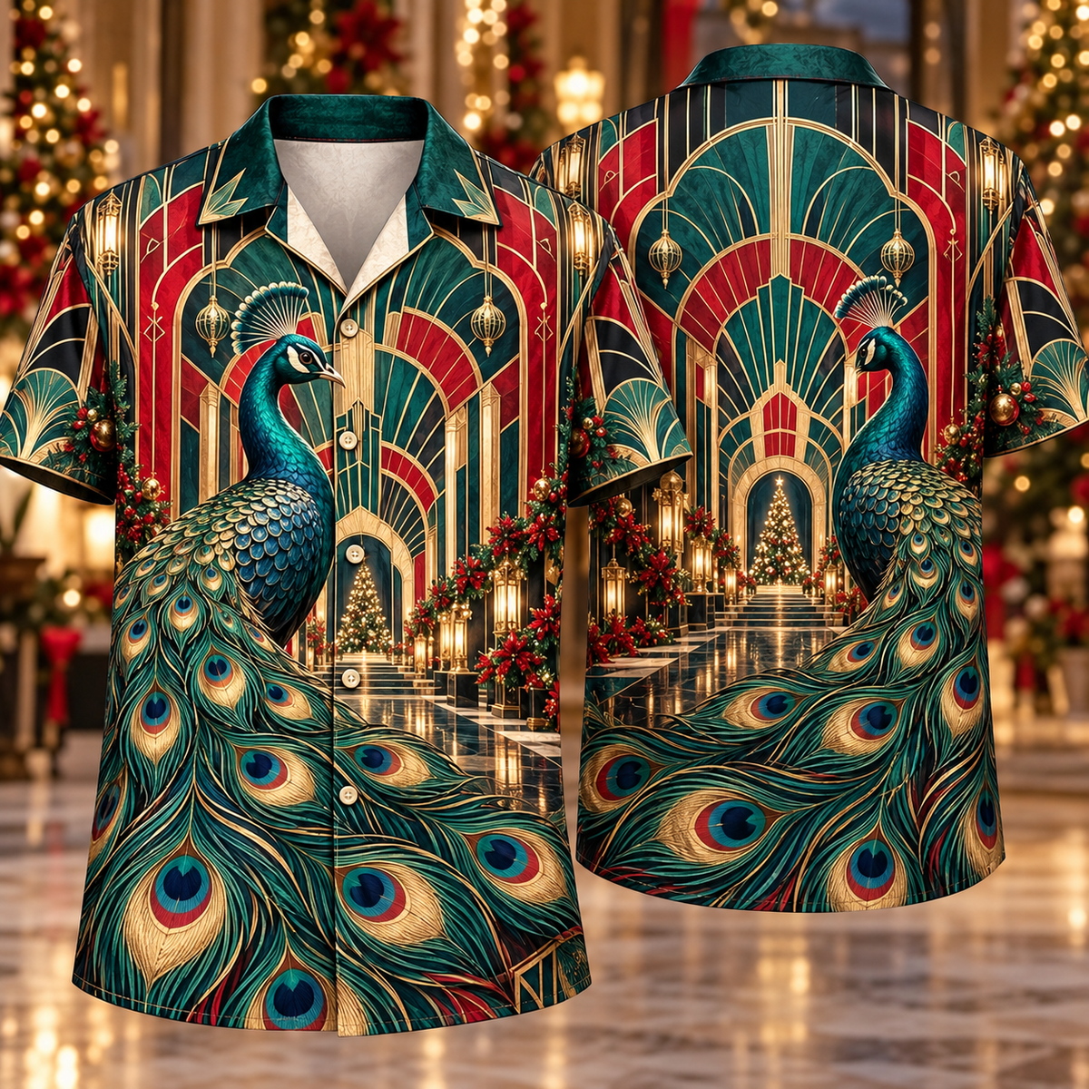 Digital mockup: front and back of one AlohaVero Christmas Art Deco Peacock Emerald Ruby Golden Fan Palace No Pocket Hawaiian shirt