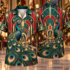 Digital mockup: front and back of one AlohaVero Christmas Art Deco Peacock Emerald Ruby Golden Fan Palace No Pocket Hawaiian shirt