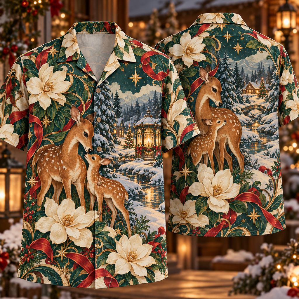 Digital mockup: front and back of one AlohaVero Christmas Art Nouveau Deer Magnolia Forest Emerald Copper Ivory No Pocket Hawaiian shirt