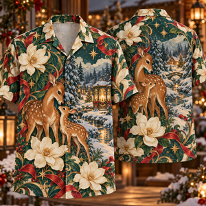 Christmas Art Nouveau Deer Magnolia Forest Emerald Copper Ivory Hawaiian Shirt