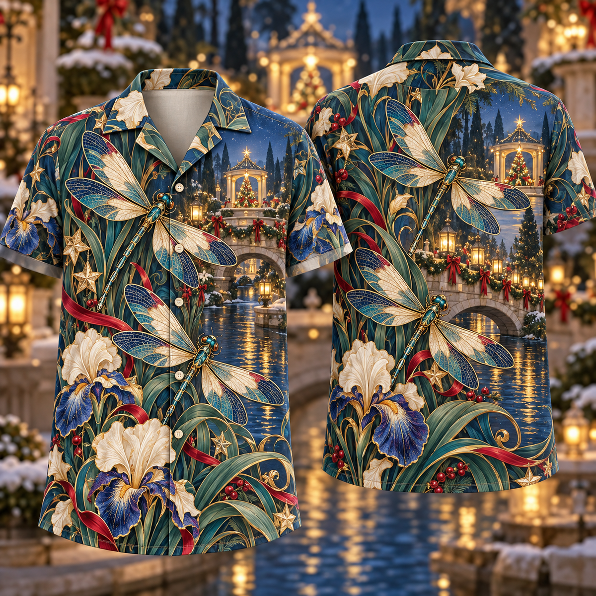 Digital mockup: front and back of one AlohaVero Christmas Art Nouveau Dragonfly Sapphire Ivory Ruby Lantern Canal No Pocket Hawaiian shirt