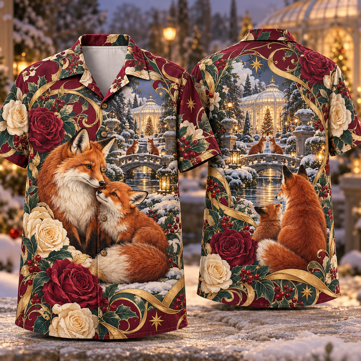 Digital mockup: front and back of one AlohaVero Christmas Art Nouveau Fox Winter Roses Burgundy Jade Ivory No Pocket Hawaiian shirt