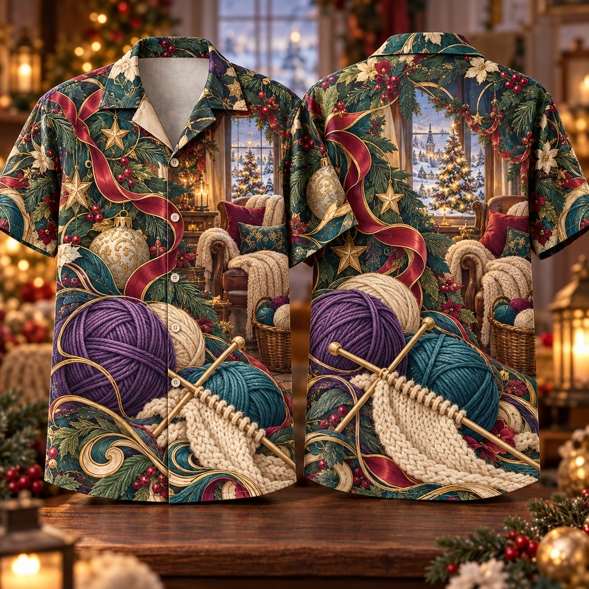 Digital mockup: front and back of one AlohaVero Christmas Art Nouveau Knitting Yarn Amethyst Teal Ivory No Pocket Hawaiian shirt