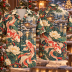 Digital mockup: front and back of one AlohaVero Christmas Art Nouveau Koi Lotus Pond Coral Jade Ivory No Pocket Hawaiian shirt