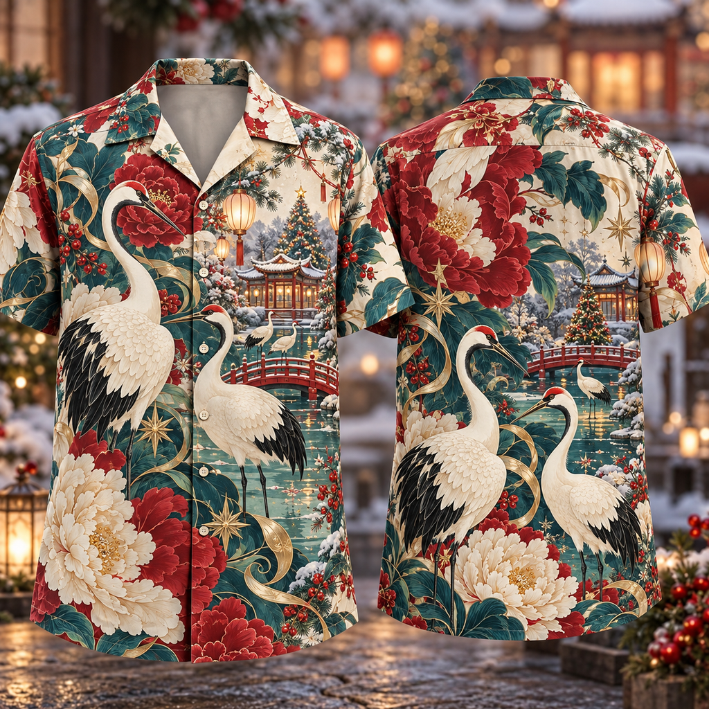 Digital mockup: front and back of one AlohaVero Christmas Art Nouveau Peony Crane Ruby Teal Ivory No Pocket Hawaiian shirt