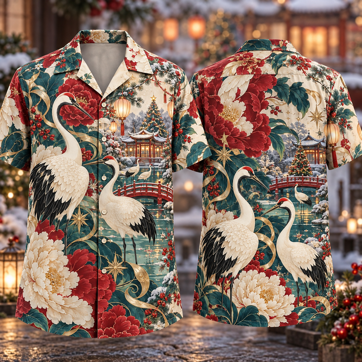 Digital mockup: front and back of one AlohaVero Christmas Art Nouveau Peony Crane Ruby Teal Ivory No Pocket Hawaiian shirt