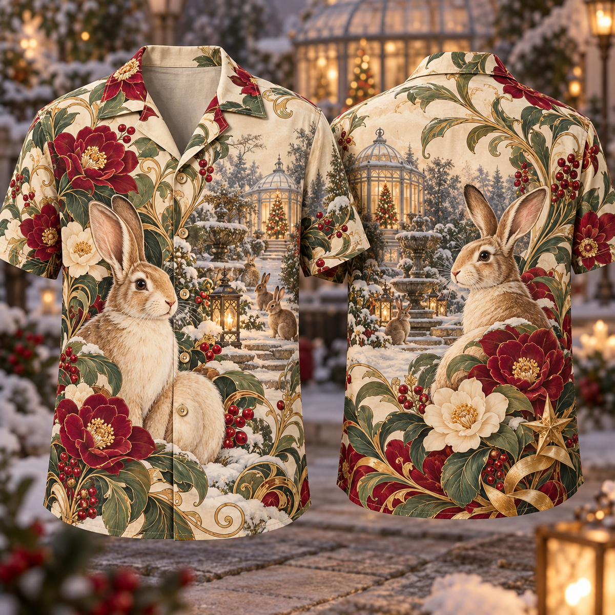 Digital mockup: front and back of one AlohaVero Christmas Art Nouveau Rabbit Camellia Burgundy Sage Ivory No Pocket Hawaiian shirt