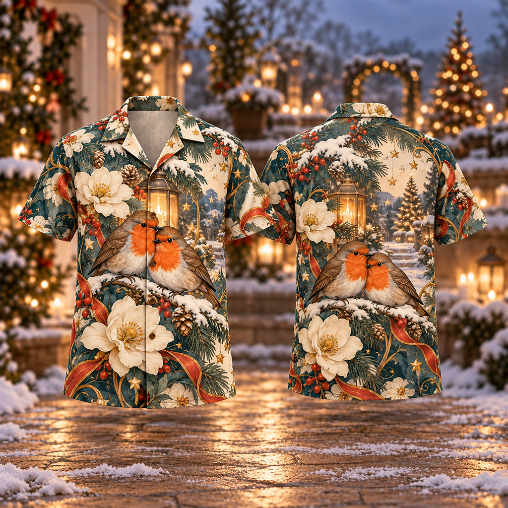 Digital mockup: front and back of one AlohaVero Christmas Art Nouveau Robin Shelter Russet Teal Ivory No Pocket Hawaiian shirt