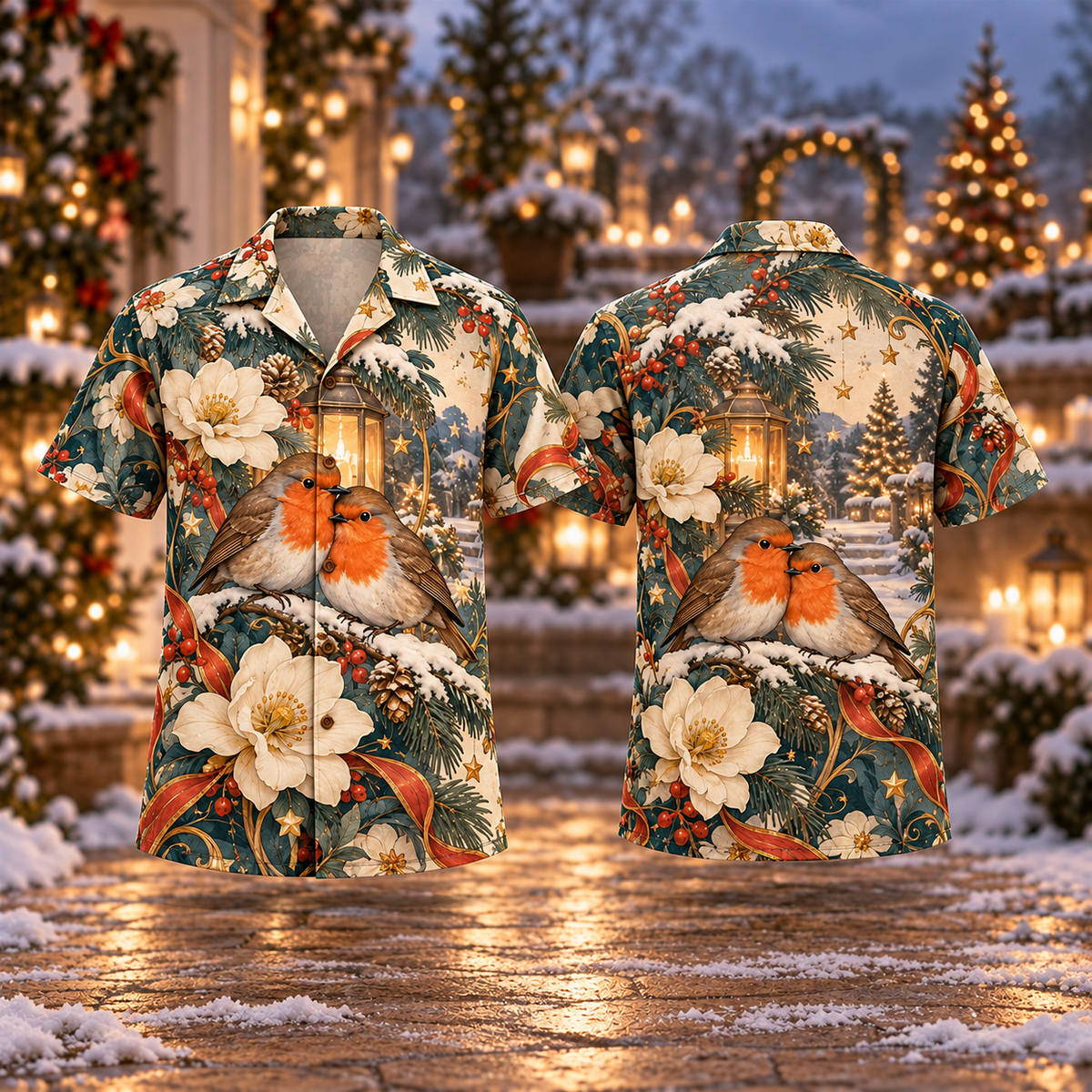Digital mockup: front and back of one AlohaVero Christmas Art Nouveau Robin Shelter Russet Teal Ivory No Pocket Hawaiian shirt