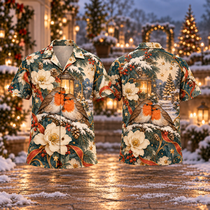 Christmas Art Nouveau Robin Shelter Russet Teal Ivory Hawaiian Shirt