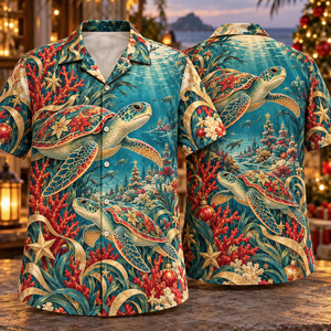 Christmas Art Nouveau Sea Turtle Coral Garden Teal Ruby Gold Hawaiian Shirt