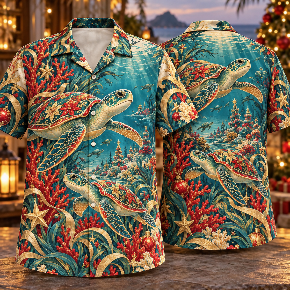 Digital mockup: front and back of one AlohaVero Christmas Art Nouveau Sea Turtle Coral Garden Teal Ruby Gold No Pocket Hawaiian shirt