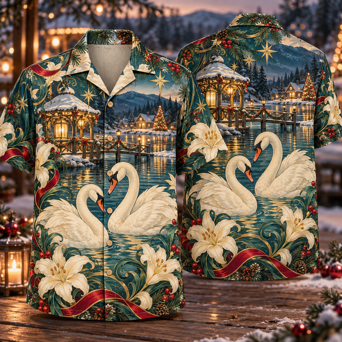 Digital mockup: front and back of one AlohaVero Christmas Art Nouveau Swan Lily Lake Teal Ivory Gold No Pocket Hawaiian shirt