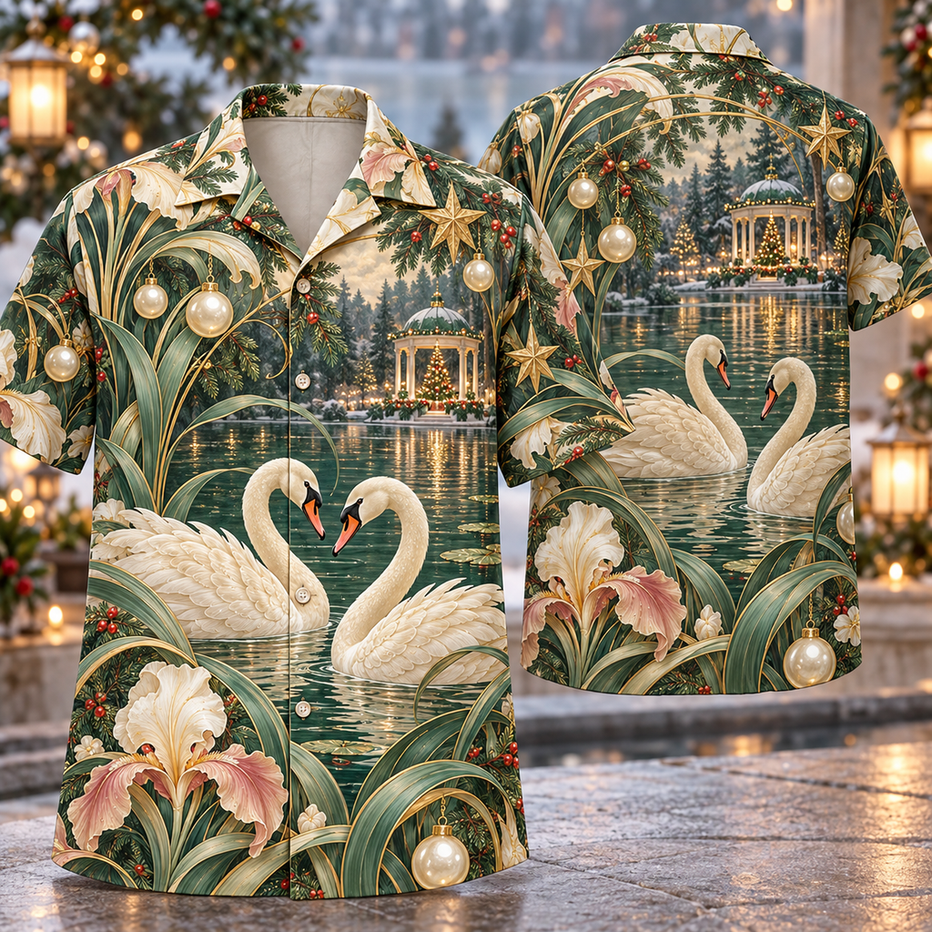 Digital mockup: front and back of one AlohaVero Christmas Art Nouveau Swan Pearl Ivory Emerald Golden Winter Pond No Pocket Hawaiian shirt