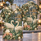 Digital mockup: front and back of one AlohaVero Christmas Art Nouveau Swan Pearl Ivory Emerald Golden Winter Pond No Pocket Hawaiian shirt