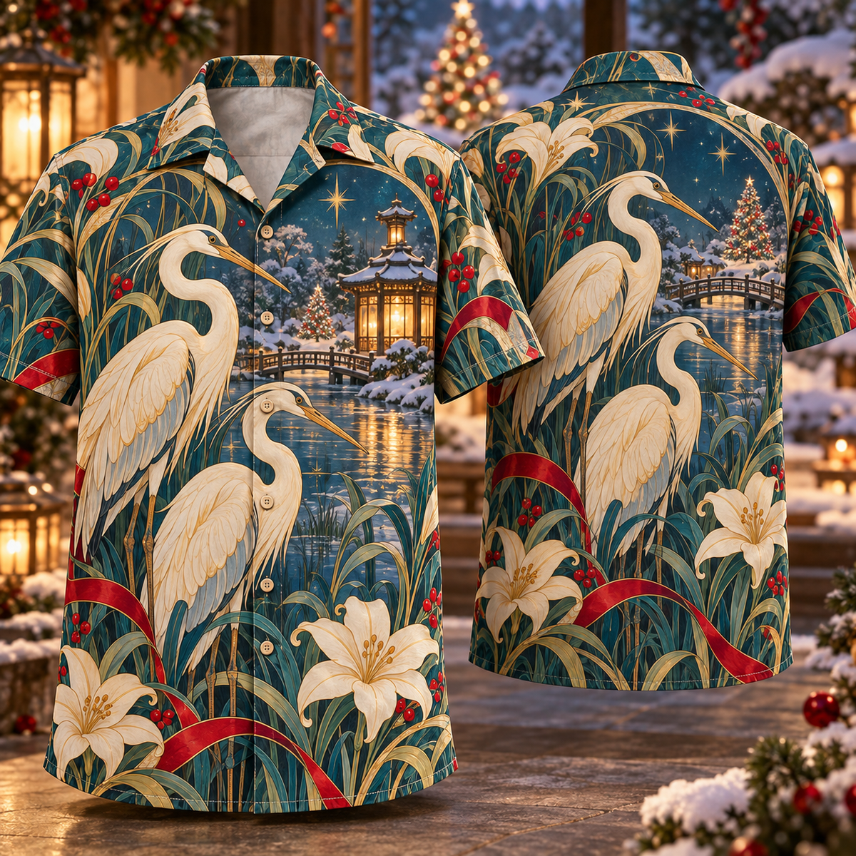 Digital mockup: front and back of one AlohaVero Christmas Art Nouveau White Heron Marsh Peacock Ivory Gold No Pocket Hawaiian shirt