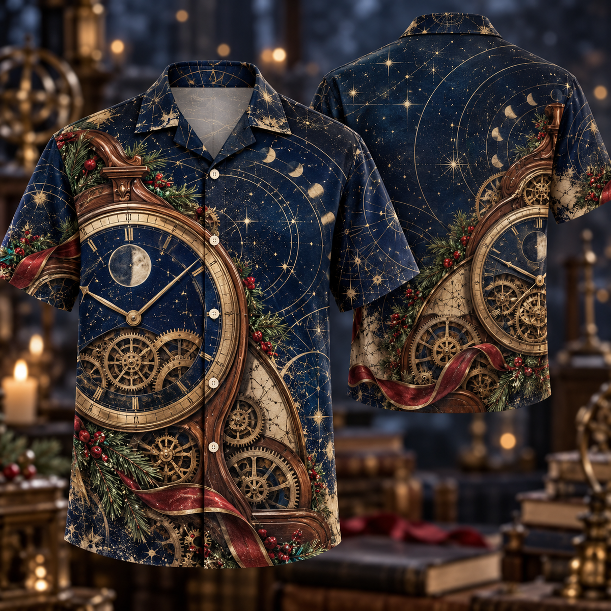Digital mockup: front and back of one AlohaVero Christmas Astronomical Clock Sapphire Gears No Pocket Hawaiian shirt