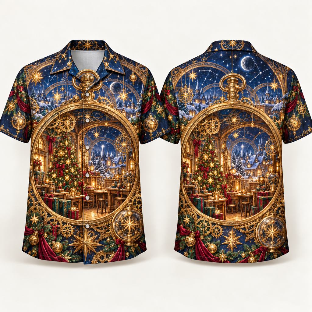 Digital mockup: front and back of one AlohaVero Christmas Astronomical Pocket Watch Star Workshop No Pocket Hawaiian shirt