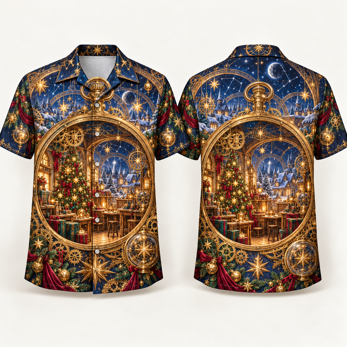 Digital mockup: front and back of one AlohaVero Christmas Astronomical Pocket Watch Star Workshop No Pocket Hawaiian shirt