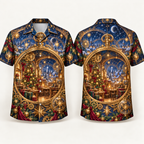 Digital mockup: front and back of one AlohaVero Christmas Astronomical Pocket Watch Star Workshop No Pocket Hawaiian shirt