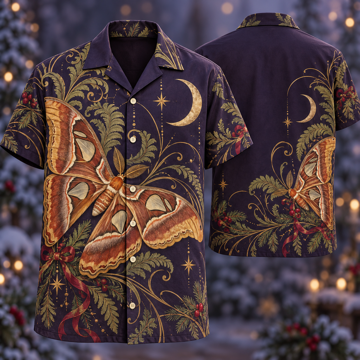 Digital mockup: front and back of one AlohaVero Christmas Atlas Moth Plum Crescent No Pocket Hawaiian shirt