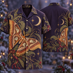 Digital mockup: front and back of one AlohaVero Christmas Atlas Moth Plum Crescent No Pocket Hawaiian shirt