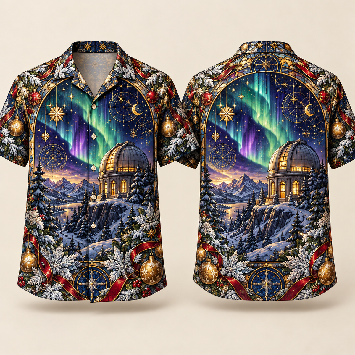 Digital mockup: front and back of one AlohaVero Christmas Aurora Observatory No Pocket Hawaiian shirt