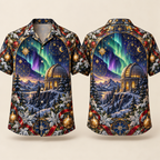 Digital mockup: front and back of one AlohaVero Christmas Aurora Observatory No Pocket Hawaiian shirt