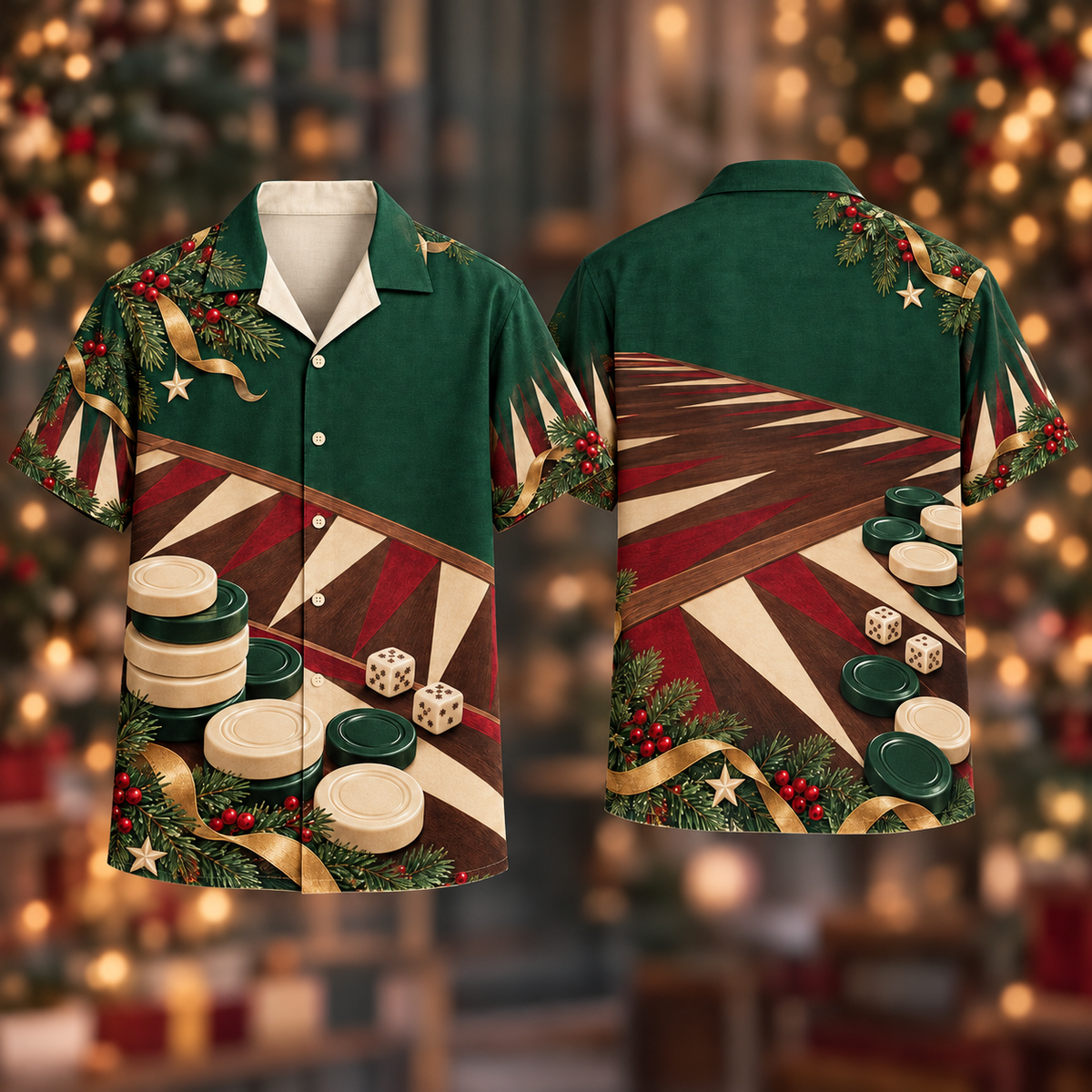 Digital mockup: front and back of one AlohaVero Christmas Backgammon Pine Walnut Board No Pocket Hawaiian shirt