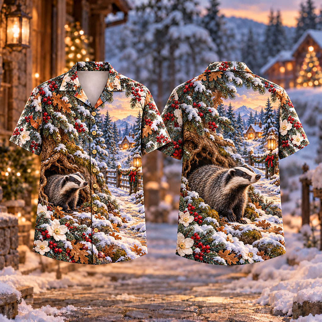 Digital mockup: front and back of one AlohaVero Christmas Badger Woodland Threshold Charcoal Moss No Pocket Hawaiian shirt