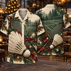 Digital mockup: front and back of one AlohaVero Christmas Badminton Ivory Forest Court No Pocket Hawaiian shirt
