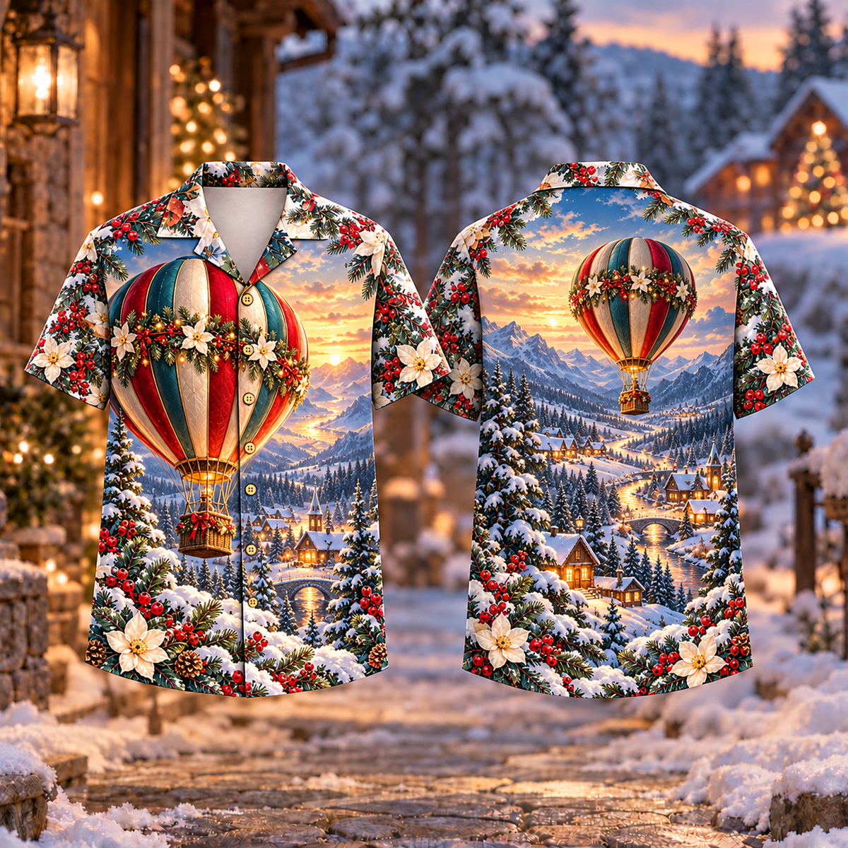 Digital mockup: front and back of one AlohaVero Christmas Balloon Homeward Glow Print No Pocket Hawaiian shirt