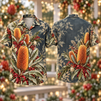 Digital mockup: front and back of one AlohaVero Christmas Banksia Honey Sage Slate No Pocket Hawaiian shirt