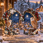 Digital mockup: front and back of one AlohaVero Christmas Barn Owl Stone Arch Midnight Ivory No Pocket Hawaiian shirt