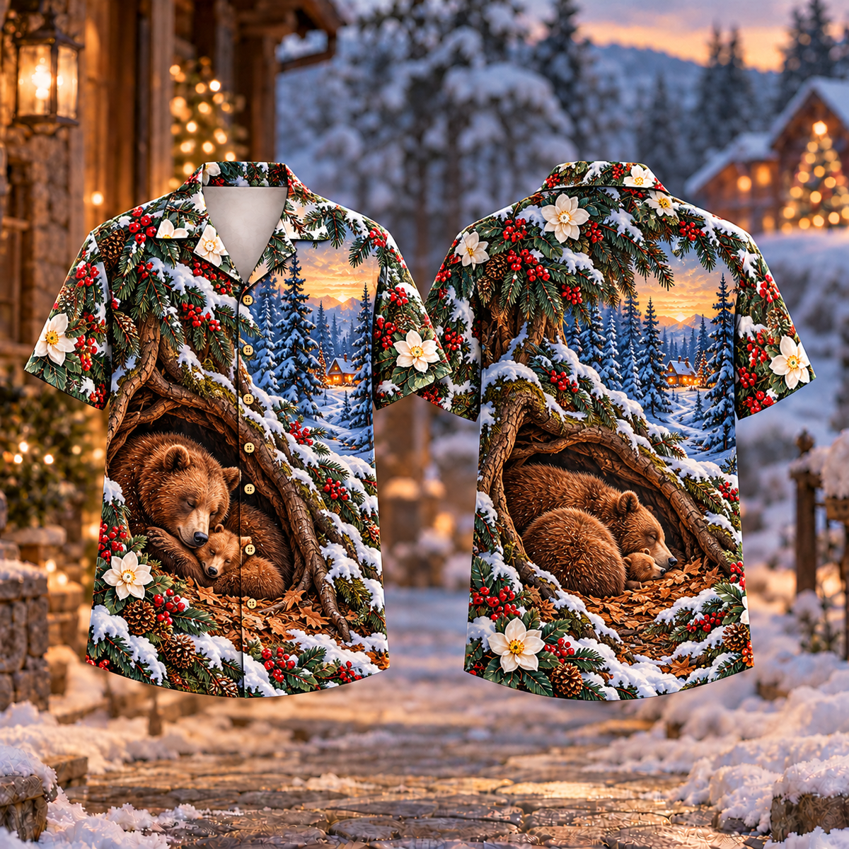 Digital mockup: front and back of one AlohaVero Christmas Bear Den Quiet Night Print No Pocket Hawaiian shirt