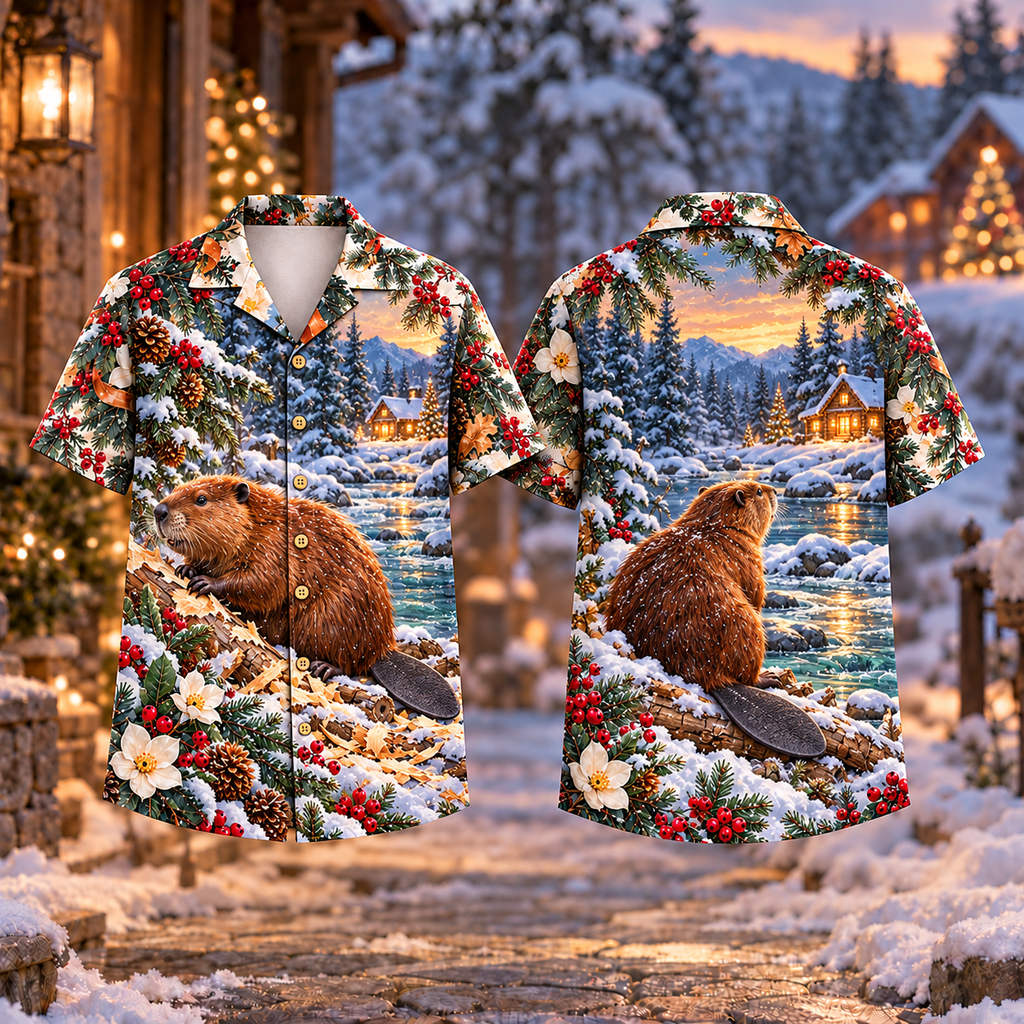 Digital mockup: front and back of one AlohaVero Christmas Beaver Winter Builder Print No Pocket Hawaiian shirt