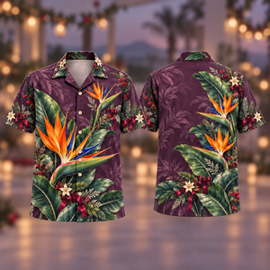 Christmas Bird of Paradise Orange Plum Hawaiian Shirt