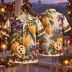 Digital mockup: front and back of one AlohaVero Christmas Biriba Gold Plum Orchard No Pocket Hawaiian shirt