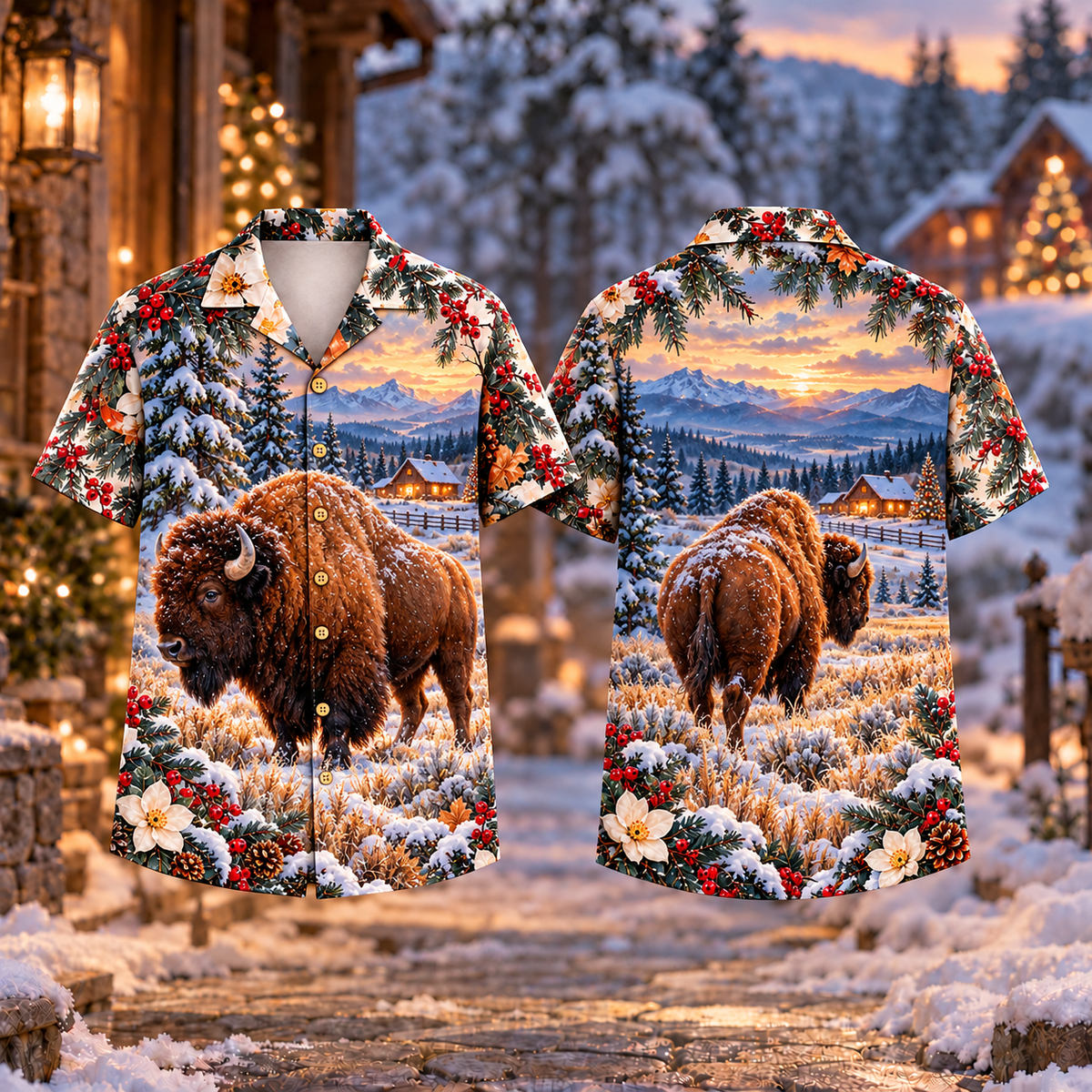 Digital mockup: front and back of one AlohaVero Christmas Bison Prairie Home Print No Pocket Hawaiian shirt