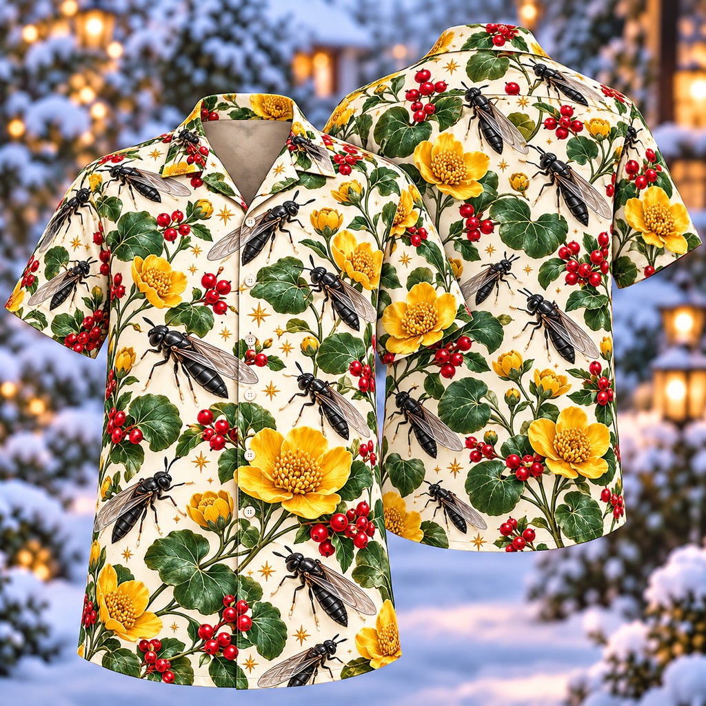 Digital mockup: front and back of one AlohaVero Christmas Black Soldier Fly Marigold Aloha No Pocket Hawaiian shirt