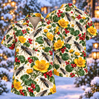 Digital mockup: front and back of one AlohaVero Christmas Black Soldier Fly Marigold Aloha No Pocket Hawaiian shirt