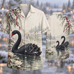 Christmas Black Swan Ivory Winter Pond Hawaiian Shirt