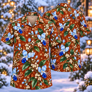Christmas Blue Butterfly Blossom Copper Aloha Hawaiian Shirt