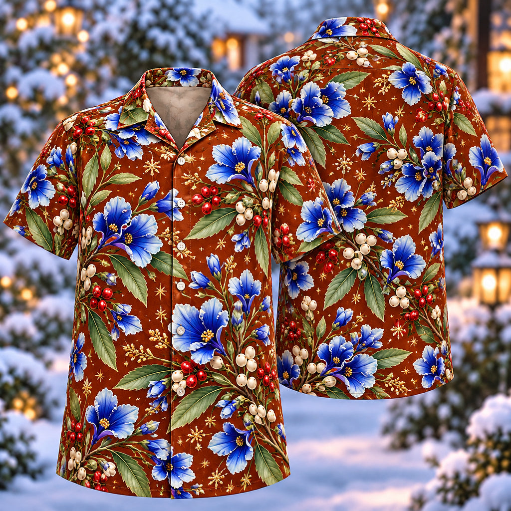 Digital mockup: front and back of one AlohaVero Christmas Blue Dampiera Copper Aloha No Pocket Hawaiian shirt