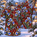 Digital mockup: front and back of one AlohaVero Christmas Blue Dutch Iris Wine Aloha No Pocket Hawaiian shirt