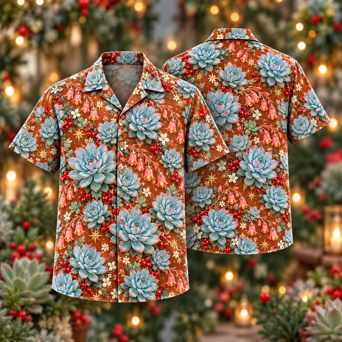 Digital mockup: front and back of one AlohaVero Christmas Blue Echeveria Copper Aloha No Pocket Hawaiian shirt