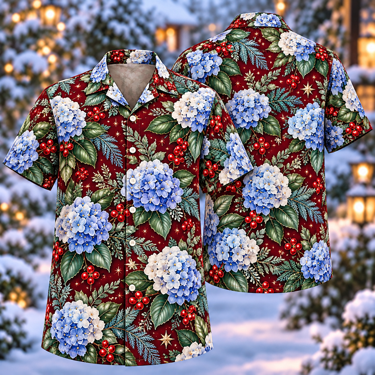 Digital mockup: front and back of one AlohaVero Christmas Blue Hydrangea Wine Aloha No Pocket Hawaiian shirt