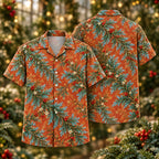 Digital mockup: front and back of one AlohaVero Christmas Blue Jade Selaginella Copper Aloha No Pocket Hawaiian shirt