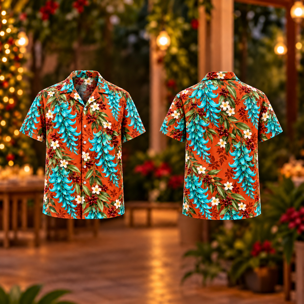 Digital mockup: front and back of one AlohaVero Christmas Blue Jade Vine Copper Aloha No Pocket Hawaiian shirt