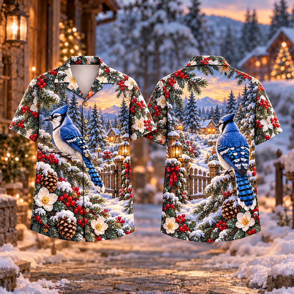 Digital mockup: front and back of one AlohaVero Christmas Blue Jay Garden Gate Print No Pocket Hawaiian shirt